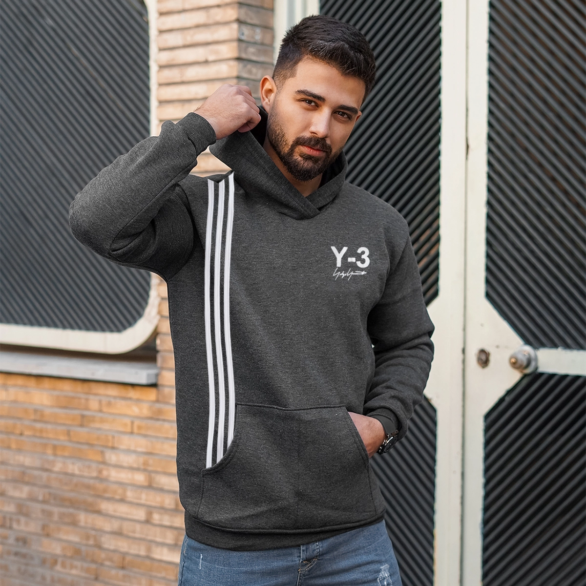 هودی مردانه ذغالی Y-3 مدل kamran