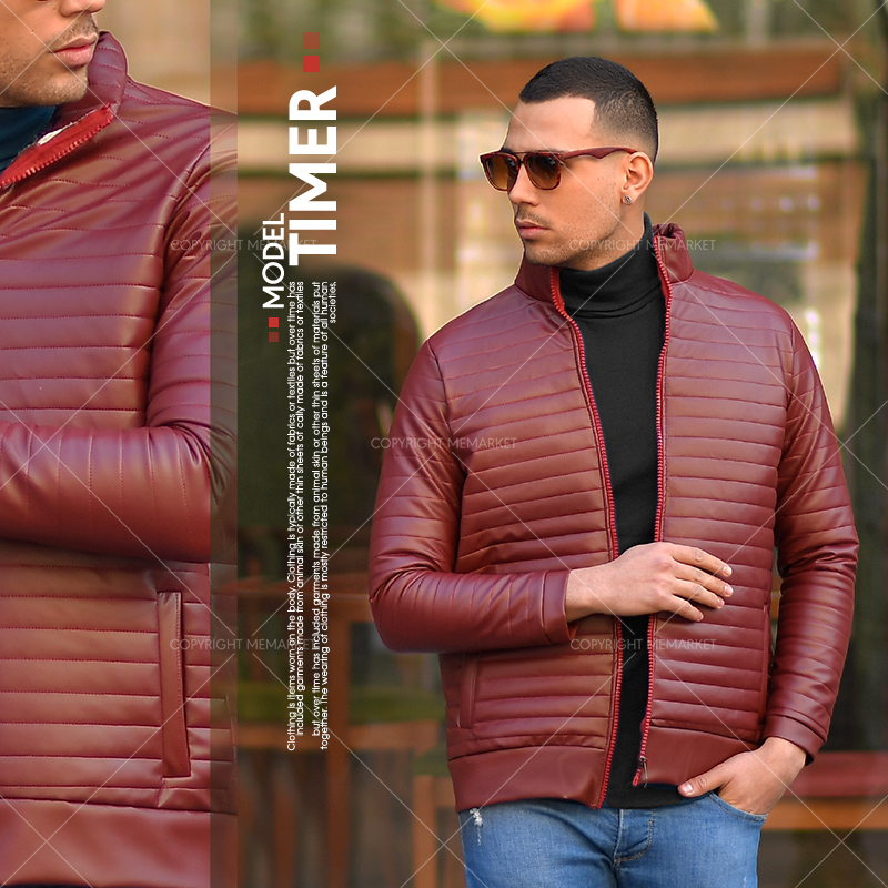 کاپشن چرم مردانه زرشکی مدل TIMER