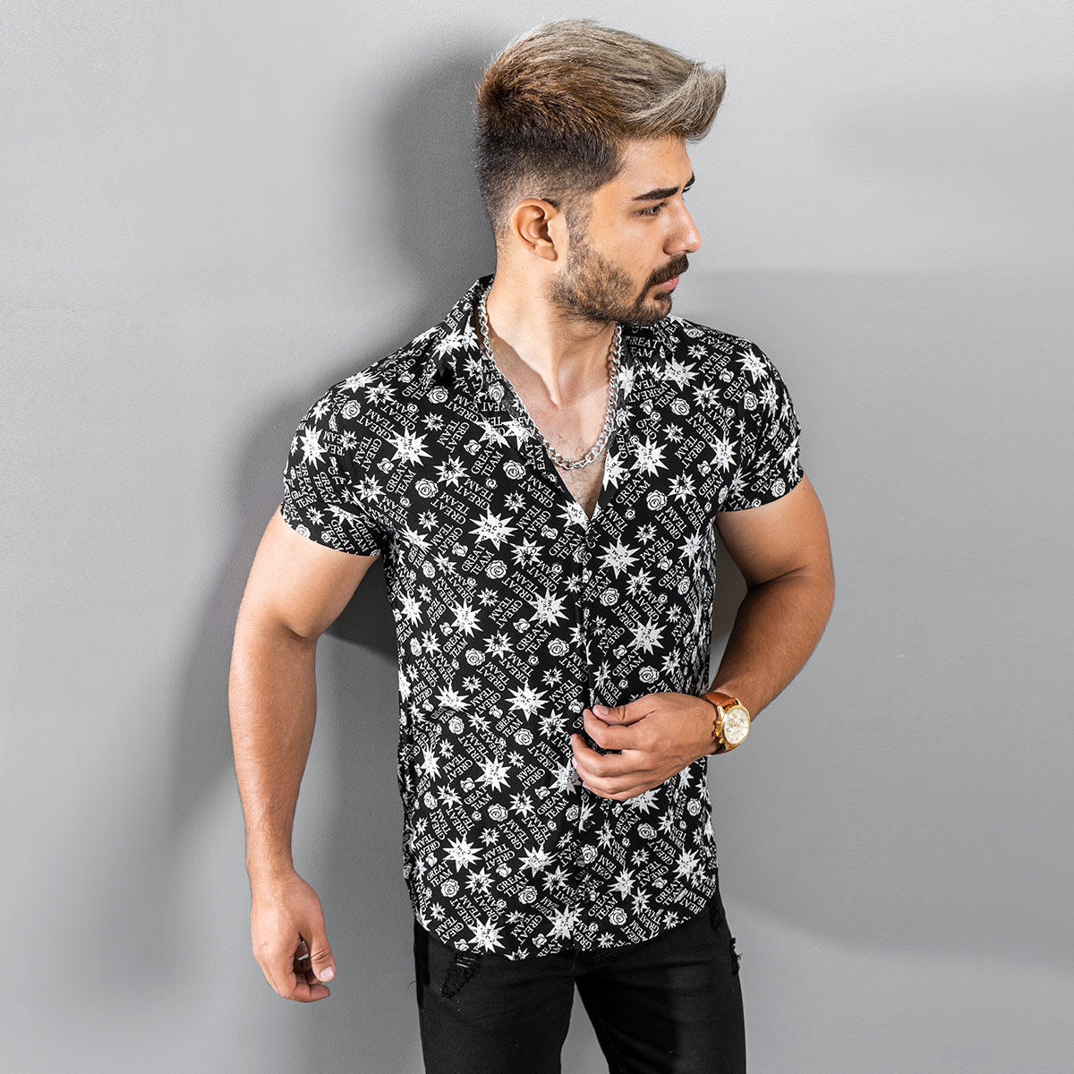 پیراهن هاوایی مردانه مدل GREAT TEAM